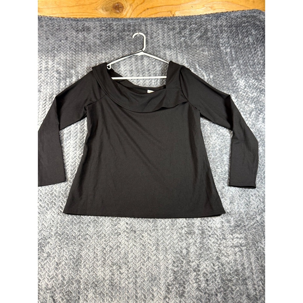 Cooper & Ella Blouse Top Womens Large Black Ribbed Knit Off Shoulder Stretch